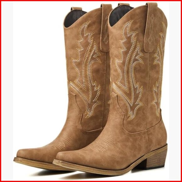 Shoes - Women's Cowboy Boots with Embroidered Chunky Heel, True to Size